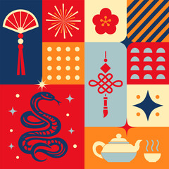 Graphic collection of scandinavian snake chinese new year imlek with seamless pattern