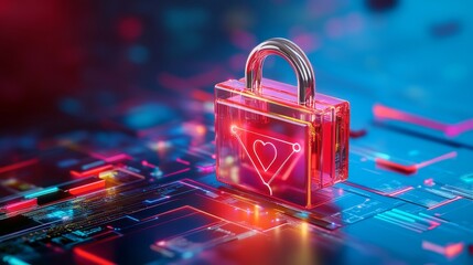 Digital padlock with a heart symbol on modern circuitry background.
