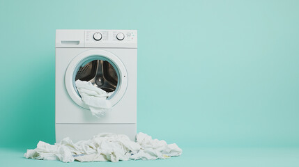 Overloaded Laundry: A white washing machine overflowing with clean white laundry on a turquoise background. The image is a minimalist, modern take on a common household chore.