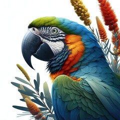 Obraz premium The Lear's Macaw bird as a realistic painting with a flat block colour australian native plant in the background