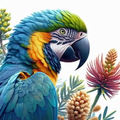 Fototapeta premium The Lear's Macaw bird as a realistic painting with a flat block colour australian native plant in the background