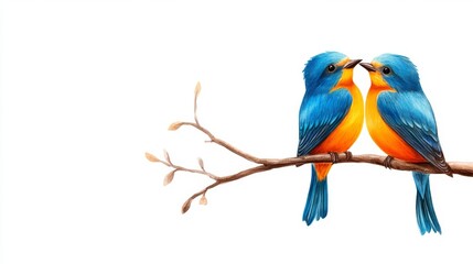 Obraz premium Two colorful birds perched on a branch, isolated on white background.