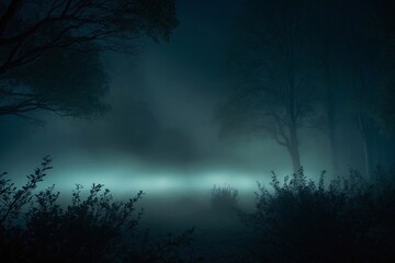 Naklejka premium Mysterious and eerie nighttime scene in a forest with thick fog obscures the view.