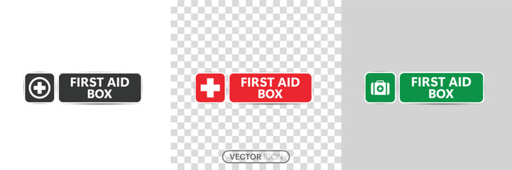 First aid box icon set. Medical briefcase icon with medical equipment and medications. Green FIRST AID sign with text and cross symbol Sign, Urgency and emergency services. Vector illustration
