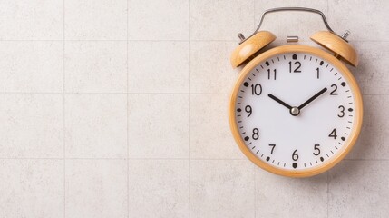 Vintage alarm clock on a light textured background, time management concept.