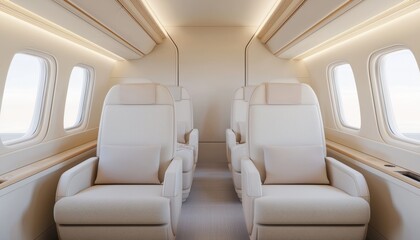 Luxury airplane interior with beige seats and large windows, bright and spacious design.