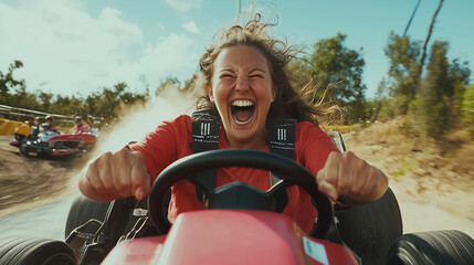 Adrenaline Rush: A woman with windswept hair, driving a go-kart with wild abandon, showcasing raw excitement and the thrill of speed.