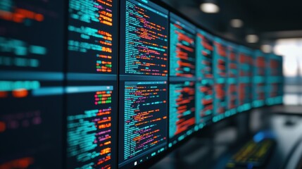 Multiple computer screens displaying vibrant programming code in a modern workspace.