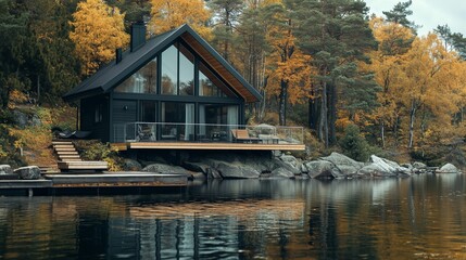 Obraz premium Cozy Scandinavian cabin by a lake, with large windows, minimalistic design, and pine trees