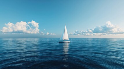 Obraz premium Sailboat on calm ocean water under a clear blue sky, inviting a sense of peace and tranquility.