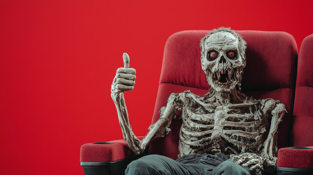 Skeleton Movie Critic: A ghoulishly humorous image of a skeletal movie critic giving a thumbs up from a plush red theatre seat. The perfect addition to your horror movie, Halloween party.