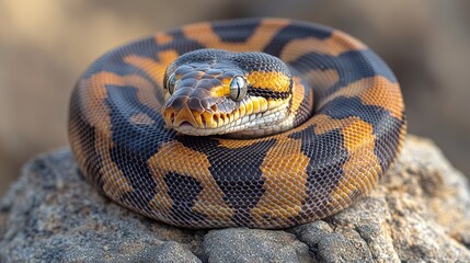 Fototapeta premium A close-up of a vibrant, patterned snake resting on a rock.