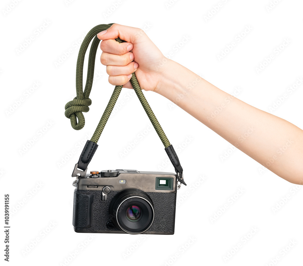 Wall mural Hand holding vintage camera on isolated white background.