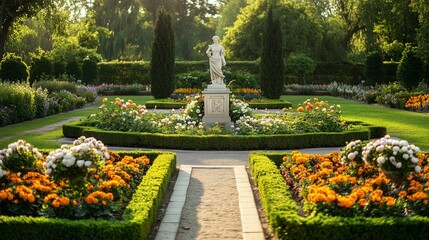 Formal English garden with geometric flower beds, stone statues, and a topiary maze
