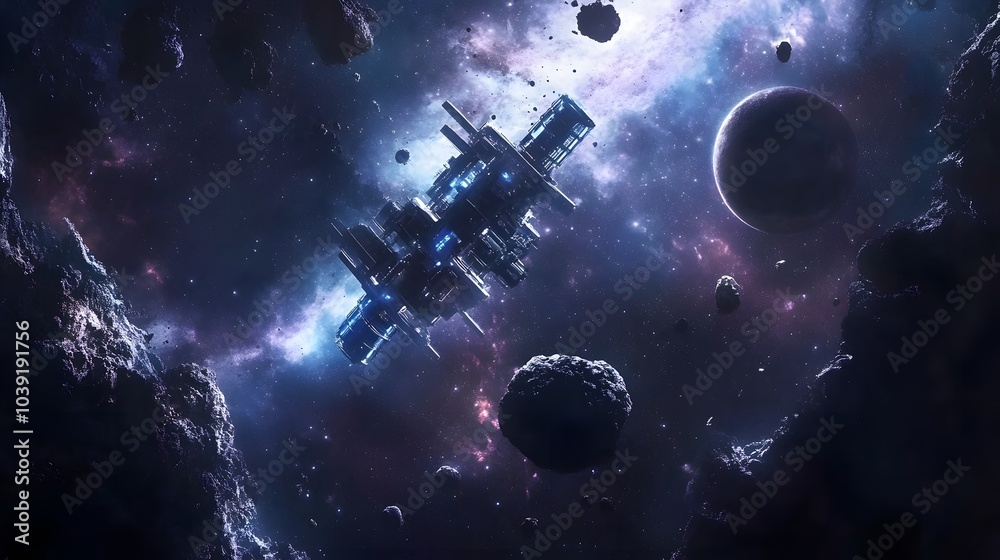 Aufkleber A dazzling space scene featuring a futuristic spacecraft floating among asteroids and planets, illuminated by a colorful cosmic backdrop.
