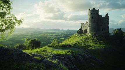 Medieval stone castle perched on a hilltop, surrounded by lush greenery and rolling hills