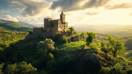 Medieval stone castle perched on a hilltop, surrounded by lush greenery and rolling hills