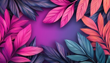 Fototapeta premium Vibrant leaves in shades of pink, purple, and teal create a colorful background design.