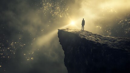 Figure Standing on a Cliff with a Beam of Light Shining from Afar, Symbolizing Hope and Guidance in Moments of Uncertainty.