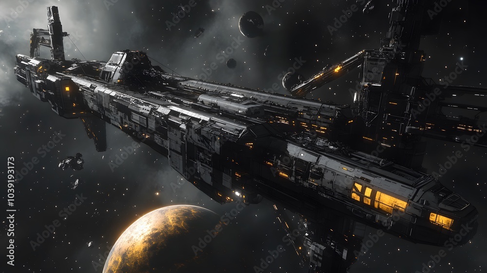 Poster A futuristic spaceship navigates through a cosmic scene filled with asteroids and a distant planet, showcasing advanced technology and deep space exploration.