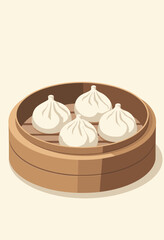 Charming Vector Art of Steamed Dumplings in a Bamboo Basket: A Warm Brown and White Palette for Dim Sum Enthusiasts