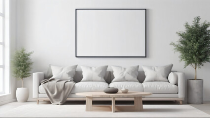 Modern cozy mock up and decoration furniture of living room and empty canvas frame on the white wall texture background, 3D rendering