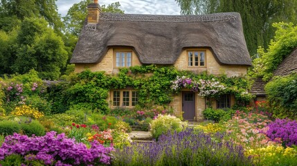 Fototapeta premium Rustic English cottage with a thatched roof, ivy-covered walls, and a blooming garden