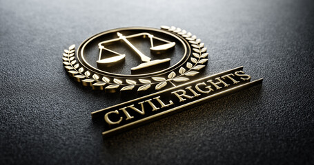 Civil Rights: Golden Icon with Scales of Justice and text. Legal Concept