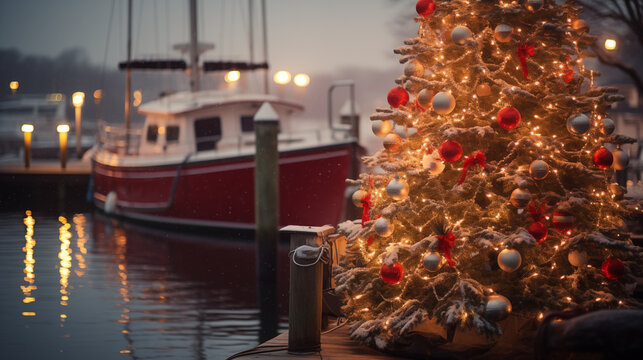 Nautical Christmas Illustration Fishing Boats, Lobster, Tugboat ~ Created using Generative AI