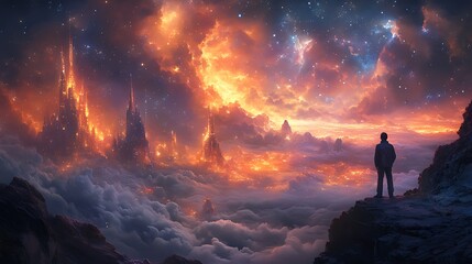 Fototapeta premium A solitary figure stands on a mountaintop overlooking a fantastical landscape of burning clouds, with a vibrant starry sky above.