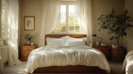 Fototapeta premium Cozy bedroom with natural light and soft decor.
