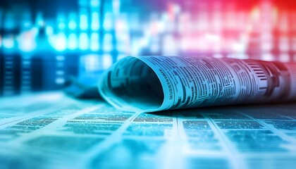 A partially rolled newspaper rests on a surface, with a backdrop of blue and red abstract digital data graphics.