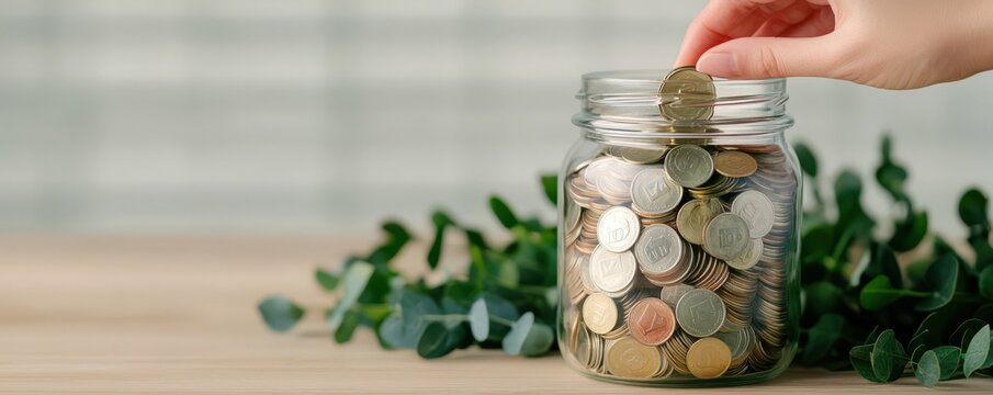 A hand places a coin into a glass jar filled with assorted coins, surrounded by greenery, symbolizing saving and financial growth.