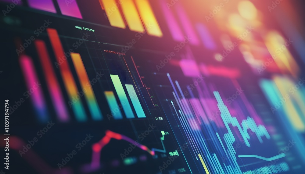 Poster A vibrant digital display showcasing colorful bar graphs and line charts, representing data analytics and financial trends.