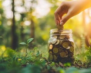 A hand drops coins into a jar placed on grass, symbolizing saving money in a natural setting, with sunlight filtering through trees.