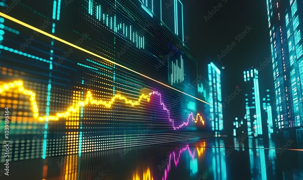 Poster a futuristic digital cityscape with vibrant neon lights and fluctuating data visualizations, represe