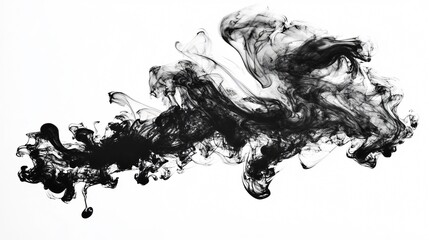 Abstract black ink in water creating a swirling, smoky pattern on a white background.