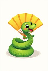 Fototapeta premium Charming Cartoon Serpent Wrapped Around a Colorful Paper Fan - Minimalist Design with Bright Yellow and Green Palette, Perfect for Kids 