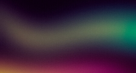 Abstract dark magenta blue green black color wave glowing grainy gradient backdrop design, copy space