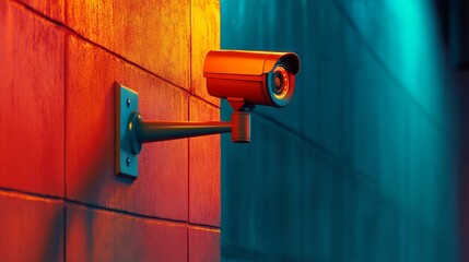 Surveillance camera mounted on a colorful urban wall, modern security concept.