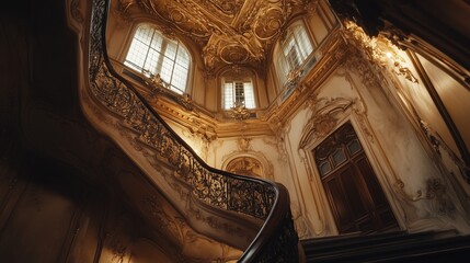 Obraz premium Baroque palace with grand staircases, gilded interiors, and intricate ceiling frescoes