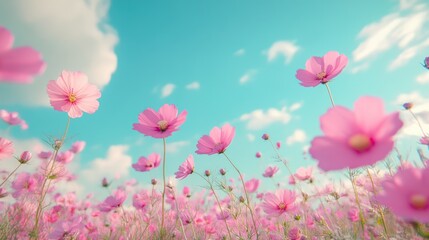 Fototapeta premium Pink Cosmos Flowers Field Against Blue Sky
