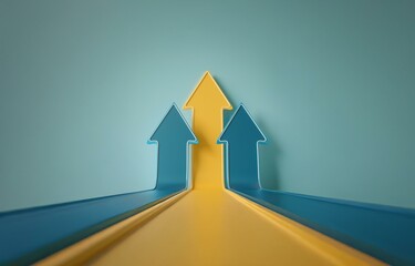 Three arrows pointing upwards, two blue and one yellow, stand out against a teal background.