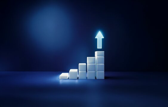 White blocks ascending to a glowing arrow on a dark blue background.