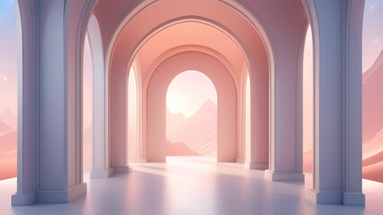 Fototapeta premium 3d rendering. Arch hallway simple geometric background, architectural corridor, portal, arch columns inside empty wall. Modern minimal concept