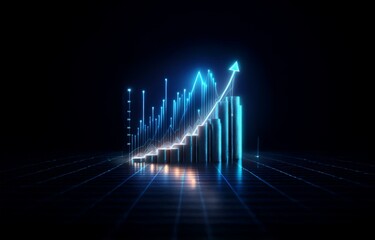 Naklejka premium A glowing blue line graph with an upward arrow, signifying growth and prosperity, is positioned above a stack of coins on a dark grid-like surface.