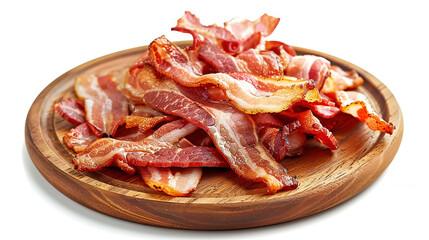 one plate of bacon on a wooden plate. a plate of bacon on a white background