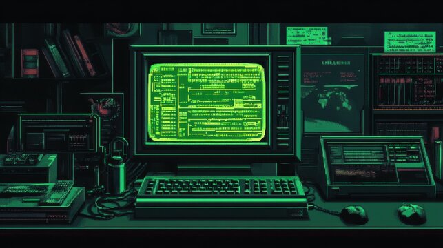 Retro 80s computer with green screen monitor, keyboard and mouse on dark desk with office supplies