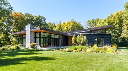 A modern house surrounded by lush greenery, featuring large windows, a unique architectural design, and a well-maintained lawn.
