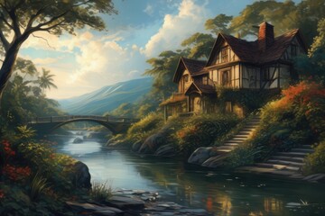Fototapeta premium painting of a house by a river with a bridge in the background
